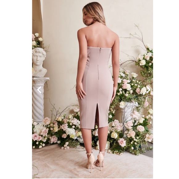NEW SEASON Lavish Alice cowl front bandeau midi pencil dress in stone - Picture 8 of 11